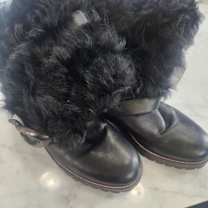 Coach Black Leather & Faux Fur Ankle Boots